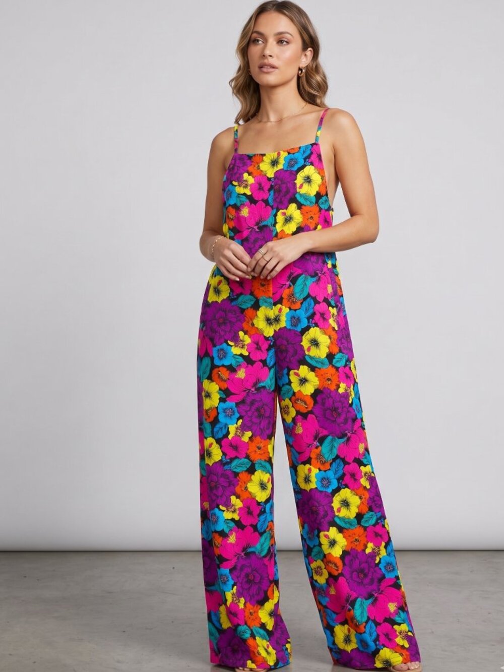 NWT | LUXVEER Neon Tropical Floral Wide Leg Jumpsuit Romper Pockets Large